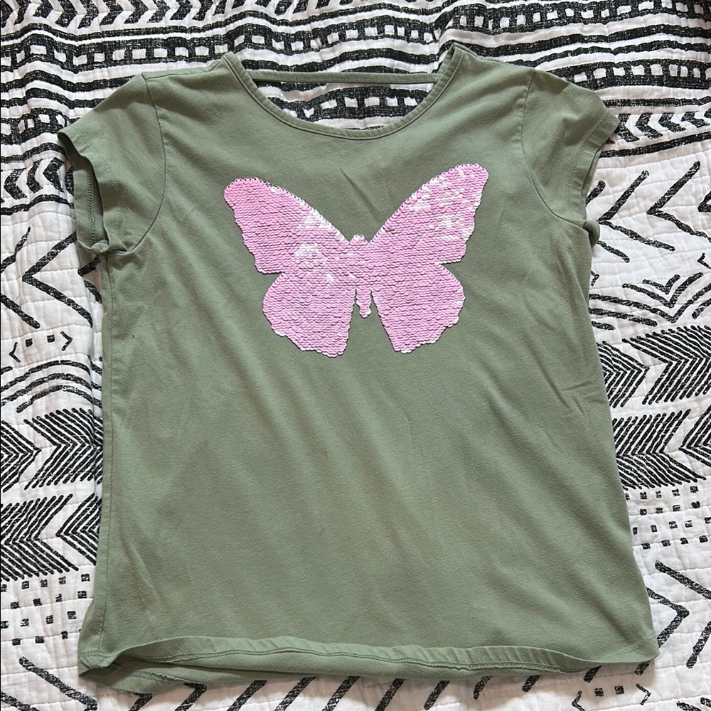 Place Green and Pink Short Sleeve Tee with Butterfly Design